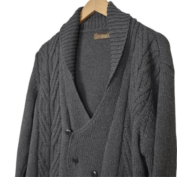 Zara Man Knit Cardigan Sweater Shawl Collar Button Down Gray Cable Knit XL - Picture 3 of 9
